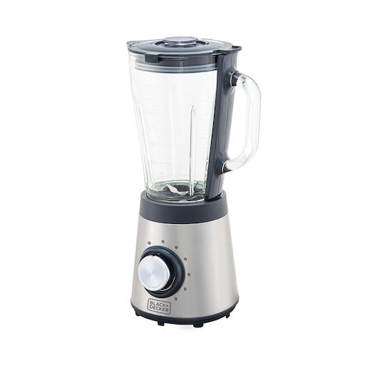 Photo of BLACK+DECKER blender L7000G with stainless steel base, glass jar, and large control knob, front angle.