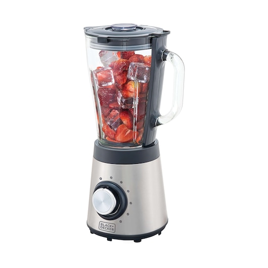 BLACK+DECKER L7000G blender with stainless steel base, glass jar filled with strawberries and ice, front angle.