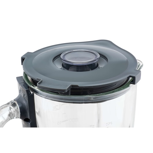 BLACKDECKER L7000G blender jar with gray lid and transparent center cap, side angle on white background.