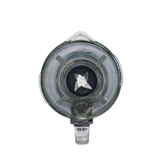 BLACKDECKER L7000G blender jar top view showing clear glass body and sharp metal blade.