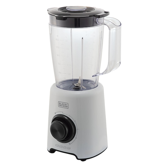 Photo of BLACKDECKER L800 white blender with clear jar, black lid, and front control knob on white background.