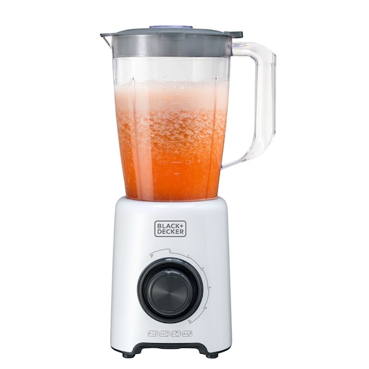 BLACKDECKER L800 blender with clear jar filled with orange smoothie, front angle on white background.