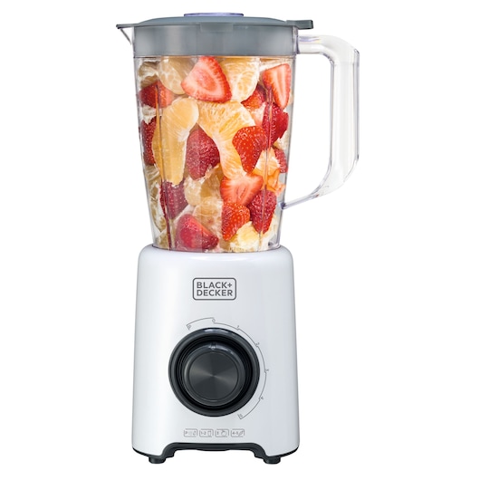 Photo of BLACKDECKER L800 blender with clear jar filled with sliced strawberries and orange segments, front angle.
