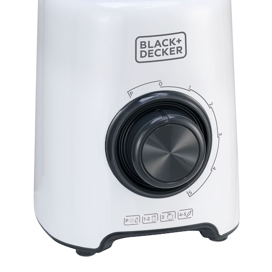Photo of BLACK+DECKER L800 blender control panel, white body, black dial, speed settings visible, front angle.