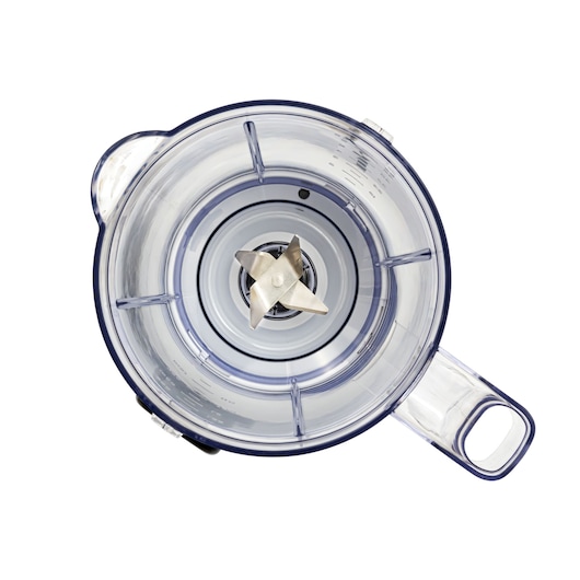 BLACKDECKER L800 blender jar top view with clear plastic container and stainless steel blades on white background.
