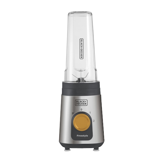 BLACK+DECKER LP320 compact blender with silver base, yellow dial, and transparent blending cup, front angle.