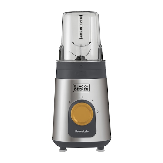 Photo of BLACK+DECKER LP320 blender with silver base, yellow control knob, and clear blending cup, front angle.