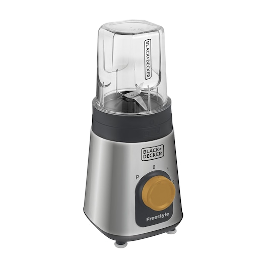 Photo of BLACK+DECKER LP320 blender with clear plastic jar, silver body, and orange control knob, front angle.