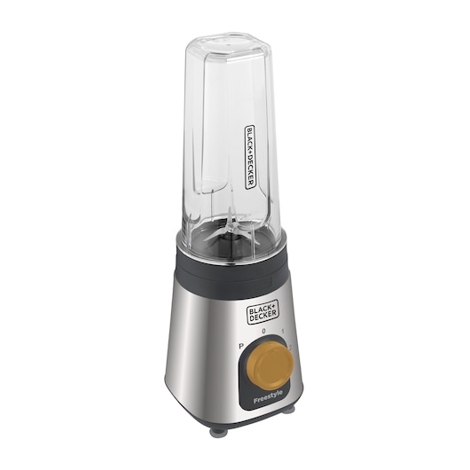 BLACK+DECKER LP320 personal blender, silver base with yellow dial, clear blending cup, front angle, white background.