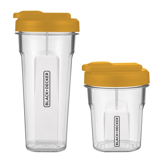 BLACK+DECKER LP320 set of two clear plastic containers with yellow lids, side angle, on white background.