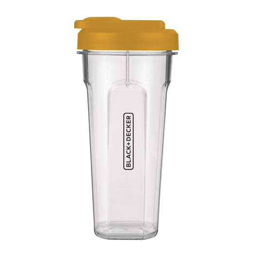 BLACKDECKER LP320 clear plastic travel cup with yellow lid, front view on white background.