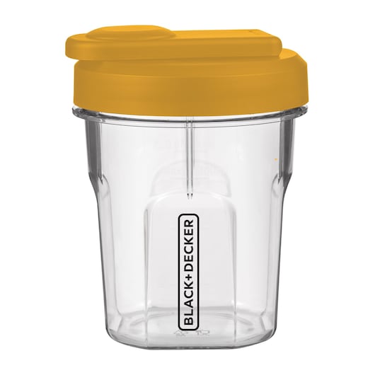 BLACK+DECKER LP320 clear blender cup with yellow lid, front angle on white background.