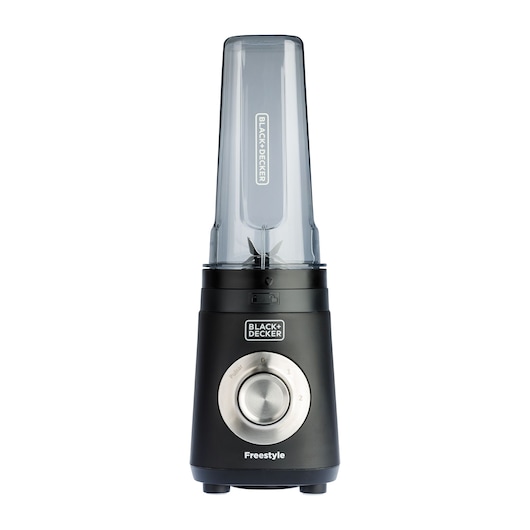 A BLACK+DECKER Freestyle blender with a black base and a transparent blending cup, shown upright against a white background.