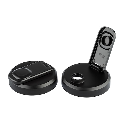 Two round black plastic lids, one with a flip-top opening shown open and the other shown closed. These lids are designed for leak-proof sealing, likely for thermos bottles or travel mugs.