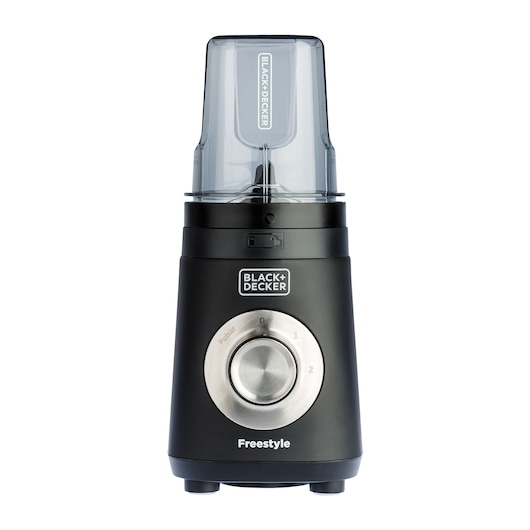 BLACK+DECKER Freestyle blender with a black base, silver control dial, and a transparent blending cup attached on top.
