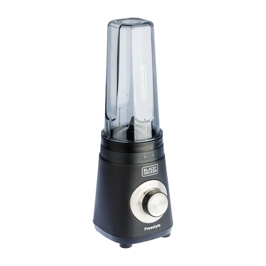 A BLACK+DECKER Freestyle blender with a tall, clear blending jar mounted on a black base. The base features a control knob and brand logo. The appliance is designed for preparing smoothies and other blended drinks.