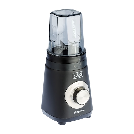 A BLACK+DECKER Freestyle blender with a clear plastic jar and black base, featuring a silver control knob on the front.