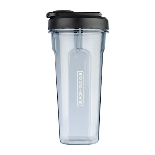 A clear plastic tumbler with a black lid, featuring the BLACK+DECKER logo on the side.