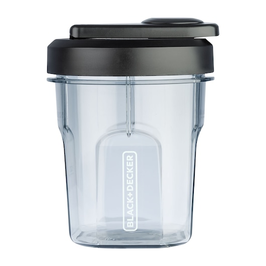 A clear plastic container with a black lid, branded BLACK+DECKER, designed for use with a blender or food processor.