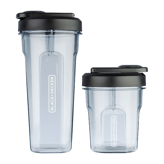 Two transparent BLACK+DECKER containers with black lids, standing side by side. One container is taller and the other is shorter, both featuring the BLACK+DECKER logo on the side.
