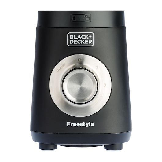 Close-up image of a BLACK+DECKER Freestyle blender base unit in black color, showing a large metallic control dial with settings 0, 1, 2, and pulse.