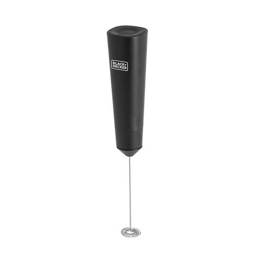 BLACK+DECKER M150 black handheld milk frother with stainless steel whisk, side angle on white background.