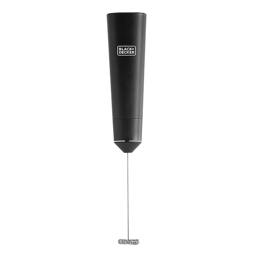 Photo of BLACKDECKER M150 black handheld milk frother with stainless steel whisk, front angle on white background.
