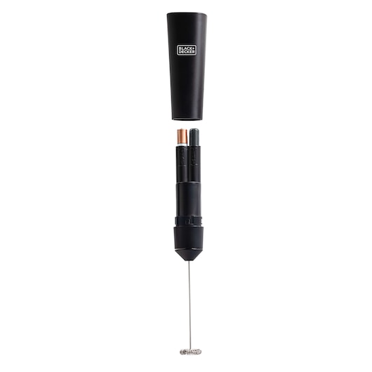 BLACKDECKER M150 black handheld milk frother with batteries and whisk, front angle on white background.