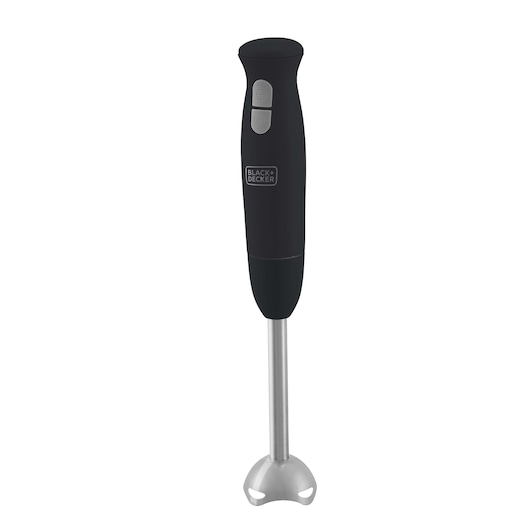 BLACK+DECKER M300 hand blender in black with silver blending arm, front angle on white background.