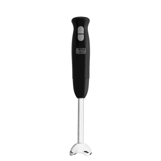 Photo of BLACKDECKER M300 black hand blender with silver blending shaft, front angle, on white background.