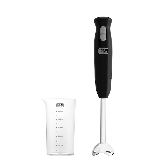 Photo of BLACKDECKER M300 black hand blender with transparent measuring cup, front angle on white background.
