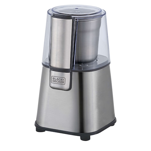 BLACK+DECKER MG200 stainless steel electric coffee grinder with transparent lid, front angle.