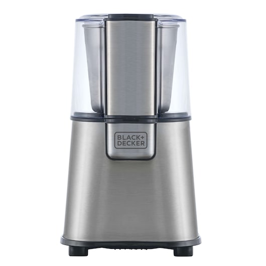 Photo of BLACK+DECKER MG200 stainless steel coffee and spice grinder, front view, silver finish.