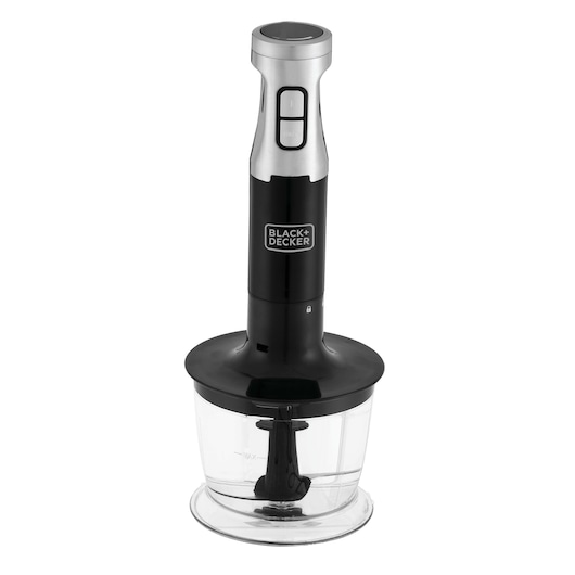 BLACKDECKER MK600 food chopper, black and silver, front angle on white background.