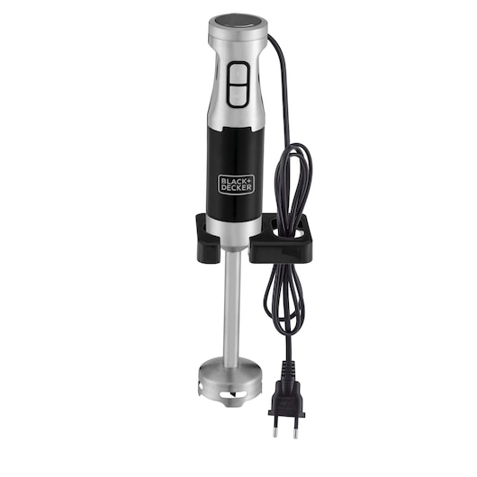 Photo of BLACKDECKER MK600 hand blender, black and silver, with cord and wall mount, front angle.
