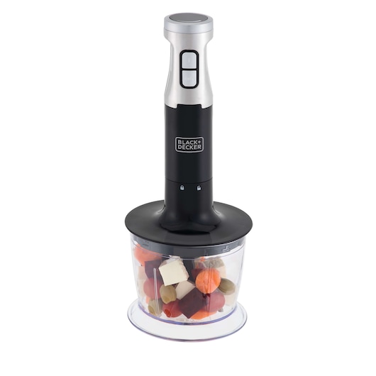 BLACK+DECKER MK600 hand blender with black and silver finish, upright on white background, mixing container filled with chopped vegetables.