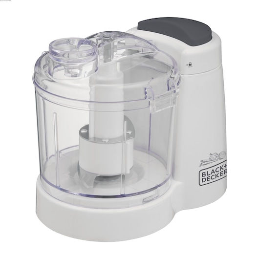 Photo of BLACK+DECKER MP120 food chopper, white with clear plastic bowl, angled view on white background.