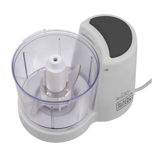 Photo of BLACK+DECKER MP120 food processor, white base with transparent bowl, top angle on white background.