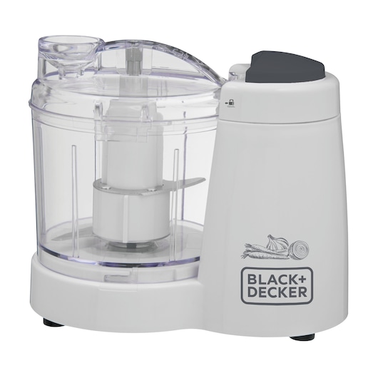 Photo of BLACK+DECKER MP120 mini food processor with clear bowl and white base, side angle on white background.
