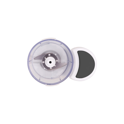 BLACKDECKER MP120 food chopper top view showing clear bowl with stainless steel blades and white lid.