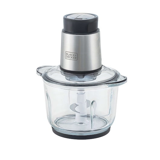 BLACKDECKER MP300G food chopper with stainless steel motor unit and clear glass bowl, front angle on white.