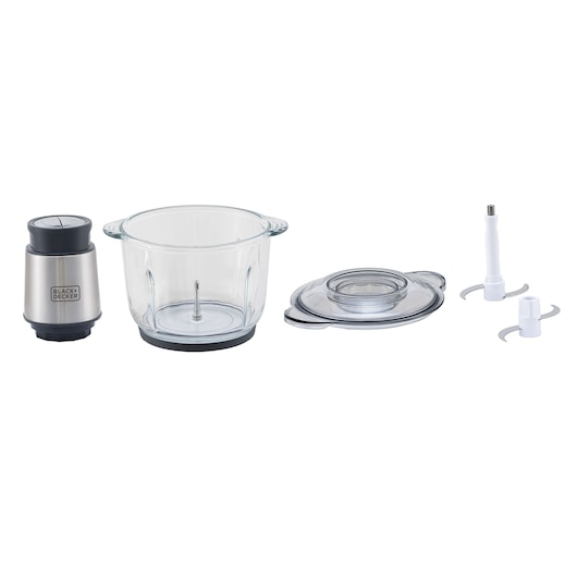 BLACKDECKER MP300G food processor parts, including motor, glass bowl, lid, and blades, front view.