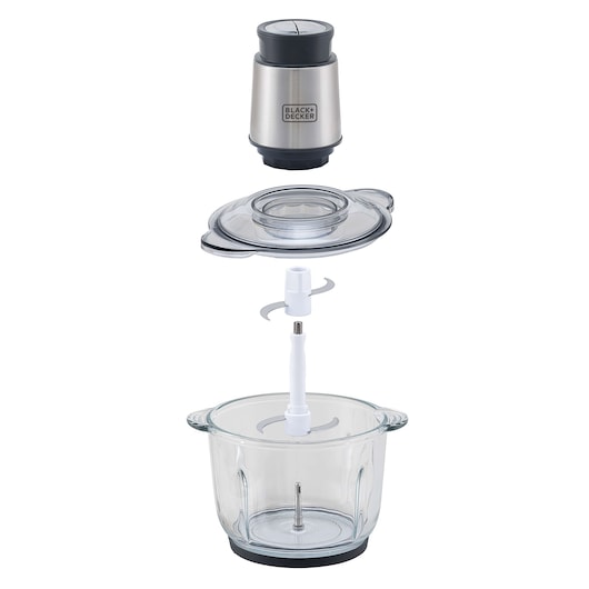BLACK+DECKER MP300G food chopper with stainless steel motor, clear lid, double blade, and glass bowl, exploded view on white.