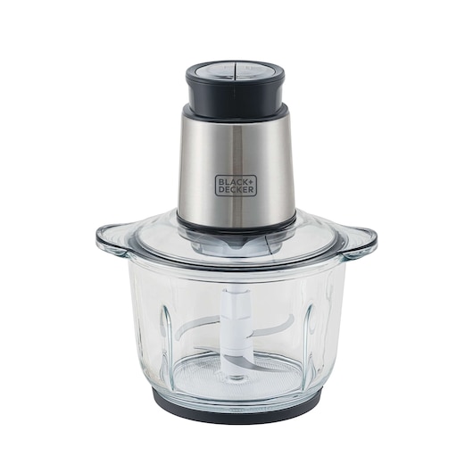 Photo of BLACK+DECKER food chopper MP300G with stainless steel top and clear glass bowl, front angle on white background.