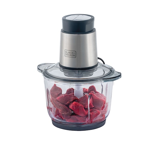BLACKDECKER MP300G food chopper with stainless steel top and glass bowl with meat, side angle photo.