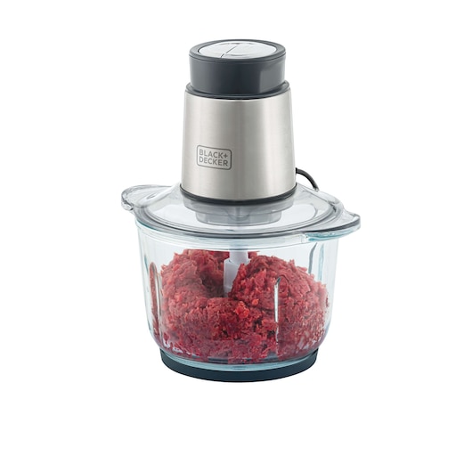 BLACKDECKER MP300G food processor side view with stainless steel top and glass bowl filled with ground meat.