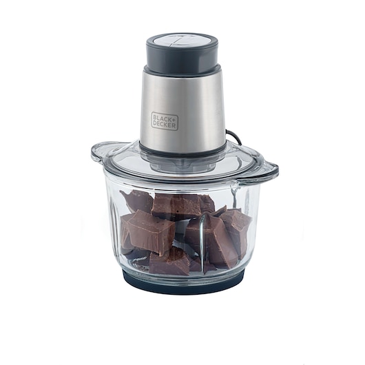 BLACKDECKER MP300G food chopper with stainless steel top, glass bowl filled with chocolate, front angle.