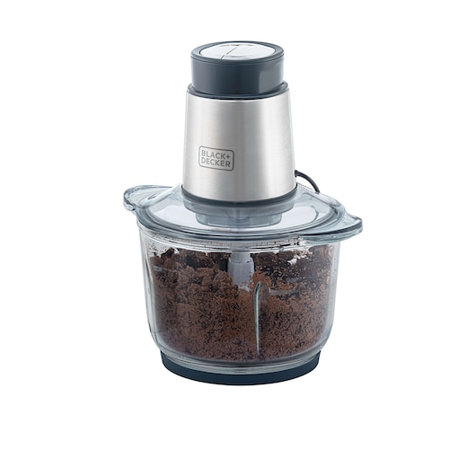 Photo of BLACKDECKER MP300G food chopper with stainless steel top and clear bowl filled with chopped chocolate.