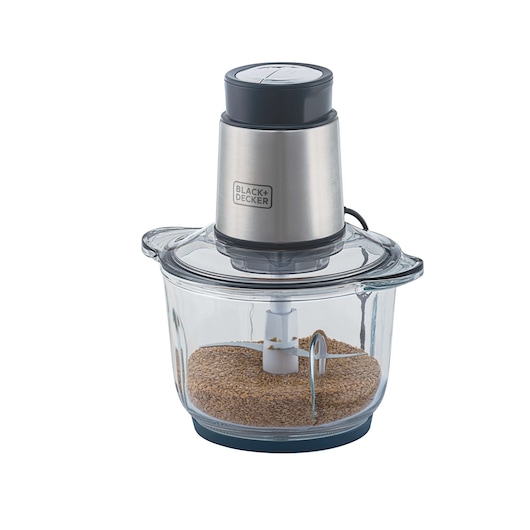 BLACKDECKER MP300G food chopper with stainless steel top, clear glass bowl, front angle, filled with seeds.