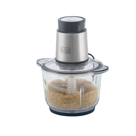 BLACKDECKER MP300G food chopper, stainless steel and black finish, side angle on white background.
